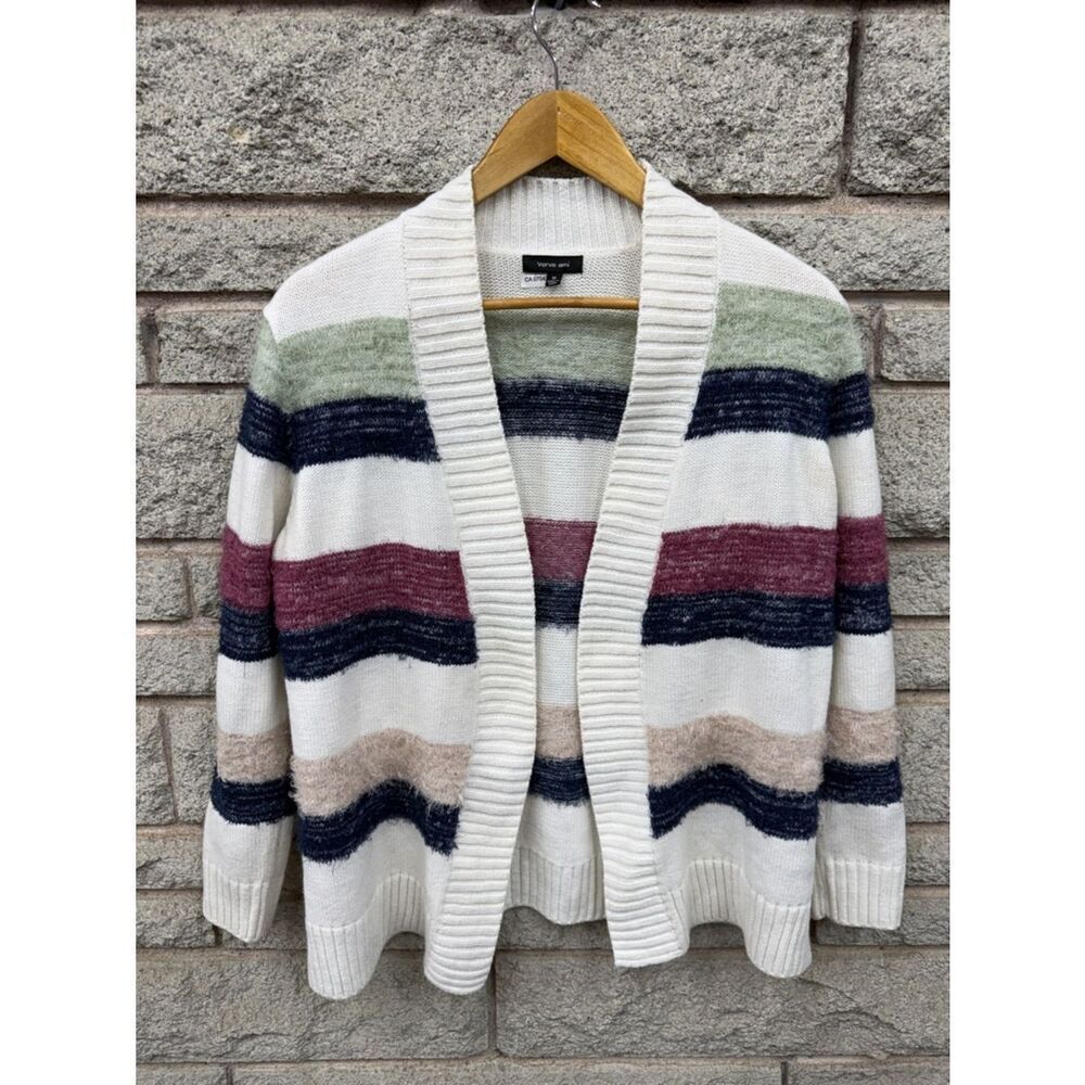 Verve Ami Striped Open-Front Cardigan in White, Navy, Burgundy, Sage, Beige